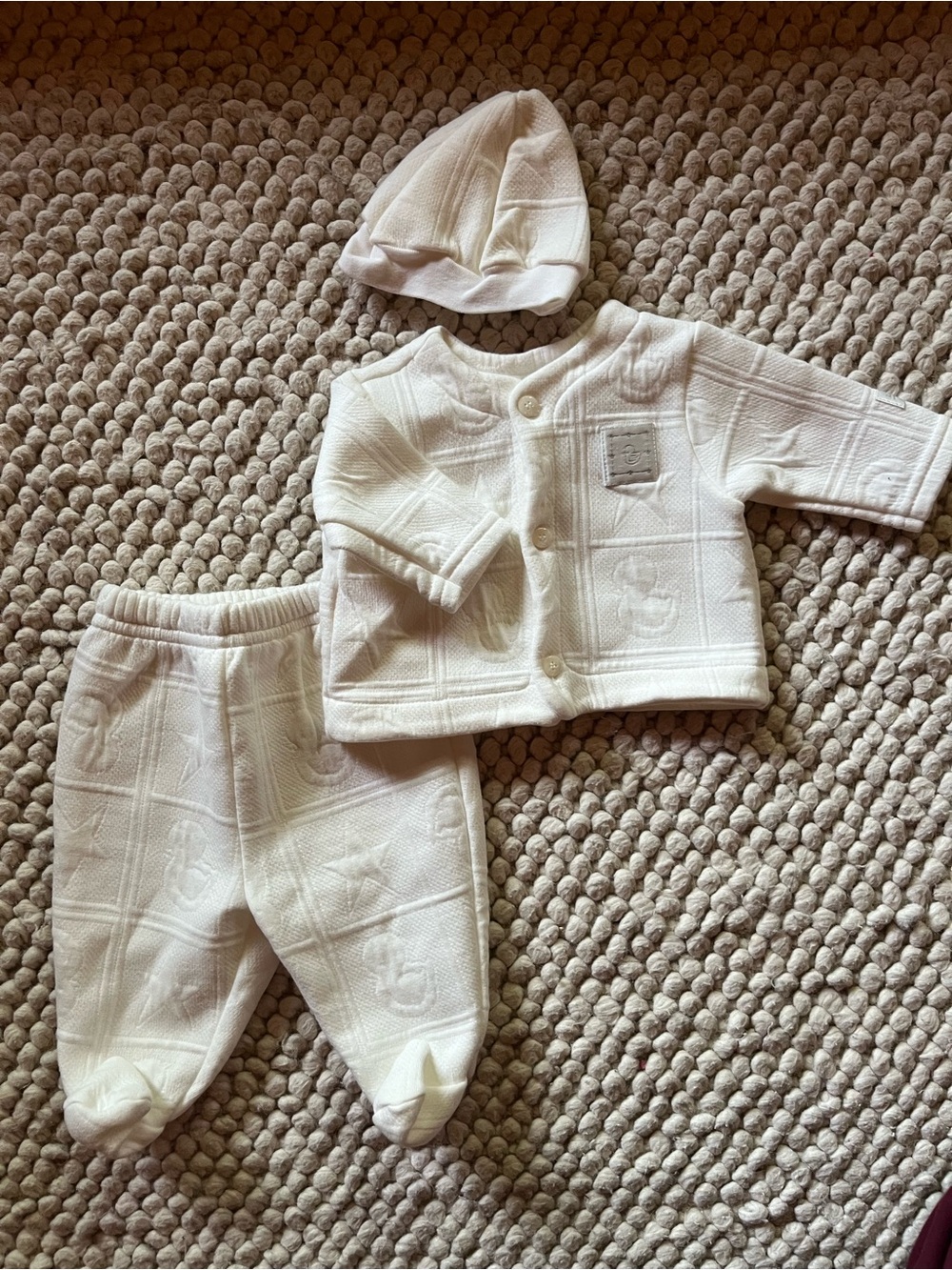 VINTAGE NOS Little Me Ivory Baby 3-Piece Knit Set with Hat